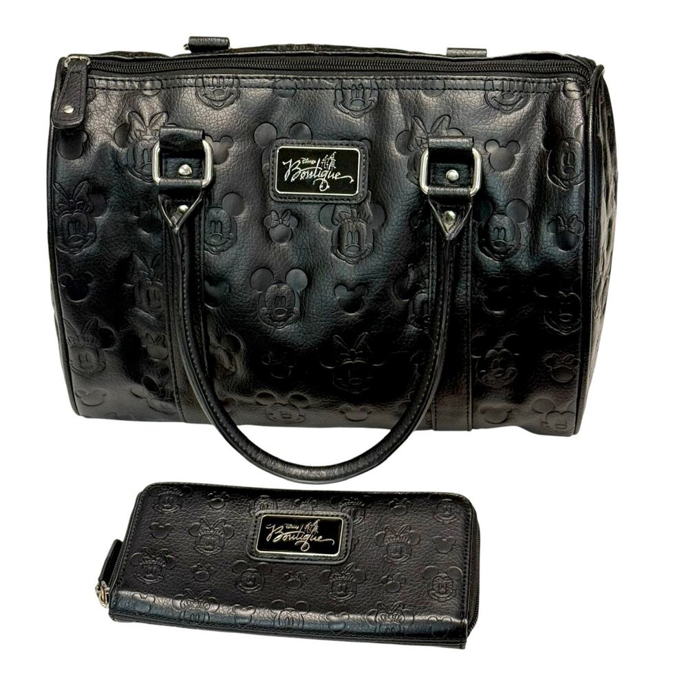 Disney Boutique Mickey & Minnie Mouse Black Faux Leather Barrel Satchel & Wallet